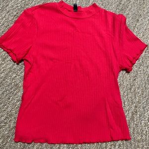 Red Plus Sized Mock Neck Rib-Knit Tee